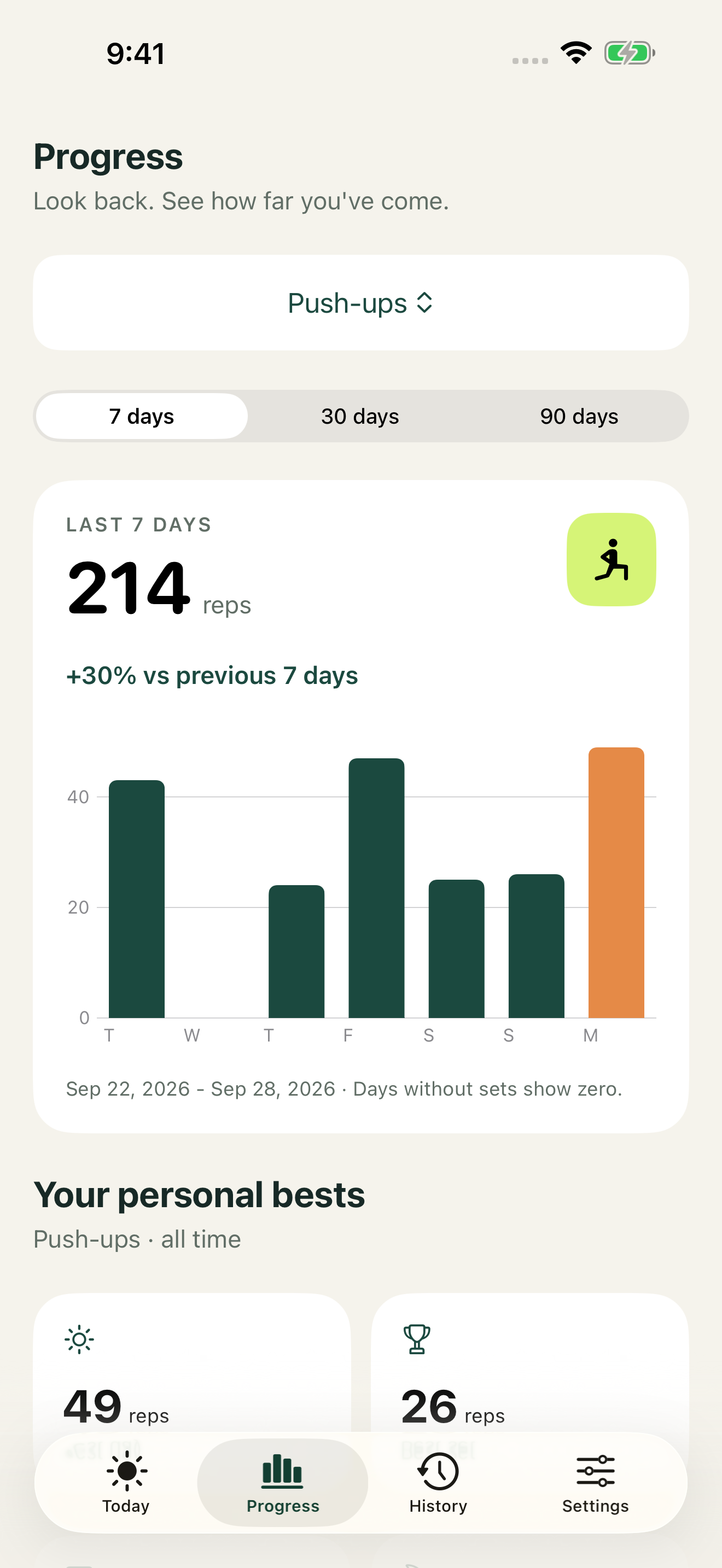 RepBloom Progress screen showing an exercise-specific daily chart and personal records