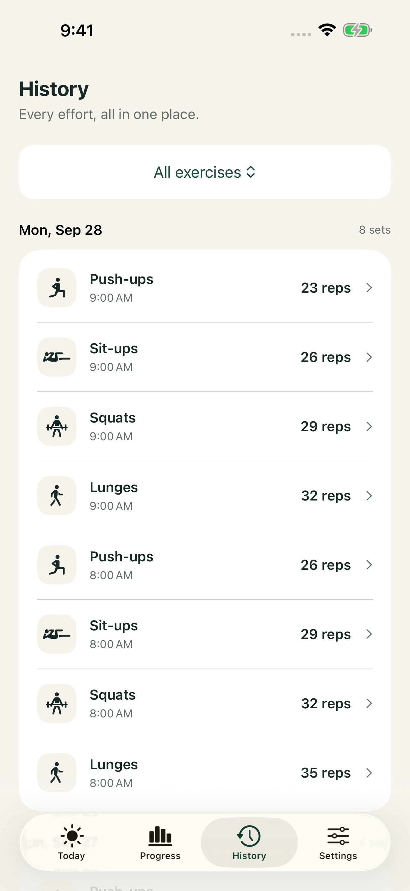 RepBloom History screen showing dated illustrative workout sets that can be edited or deleted