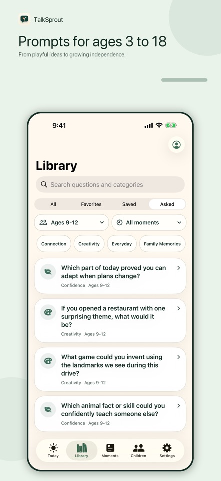 TalkSprout question library screen